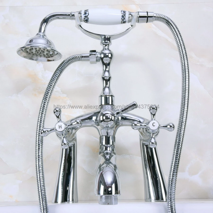Bathtub Faucet Brass Chrome Deck Mounted Rain Shower Faucet Dual Cross Handles Bathroom Mixer Tap Set Nna122