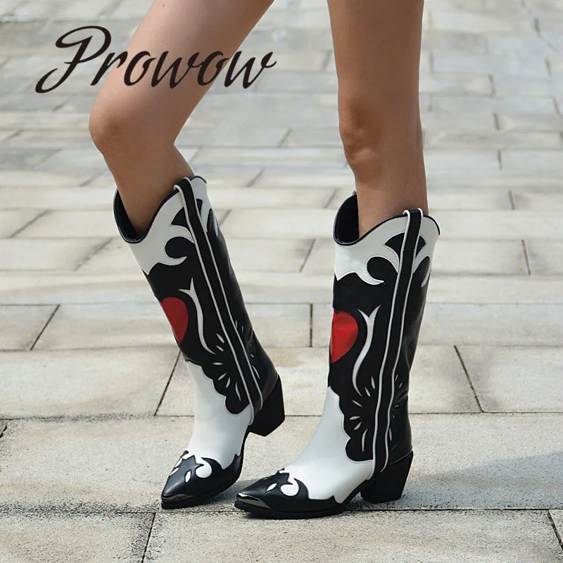

Prowow New Genuine Leather Sexy Pointed Toe Women Boots Knee HIgh Slip On Motorcycle Boots Shoes Women Cowboy Boots