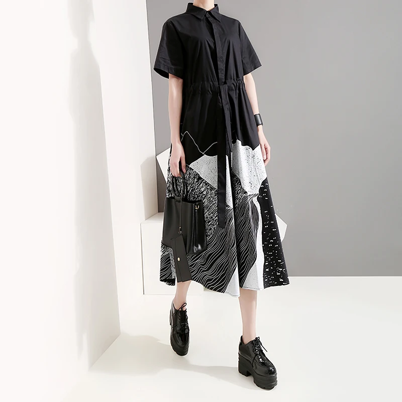  New 2019 Korean Style Summer Midi Black Dotted Shirt Dress Lapel A-Line Knee Length Lady Party Club