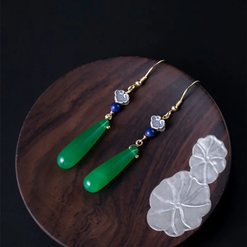 Uglyless Real 925 Sterling Silver Ethnic Abstract Hearts Earrings for Women Water Drop Jade Dangle Earrings Lapis Brincos