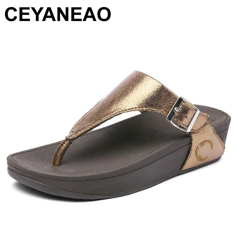 

CEYANEAO Summer Women's Flip Flops; Vietnamese wedges for girls; women's sandals on the platform; office home golden slippers