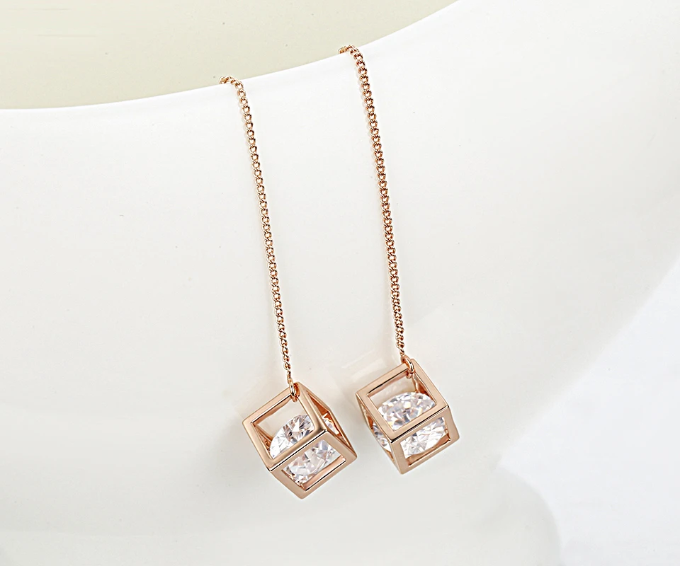 Полого Куба w/AAA CZ Циркон Link Rose Gold Цвет длинной цепочкой падение серьги нити через