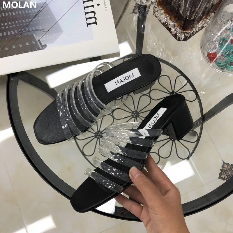 

MOLAN Brand Designers 2019 Summer New Narrow Band High Square Heels Pumps Lady Shoes Slip On Loafers Mules Flip Flops Casual