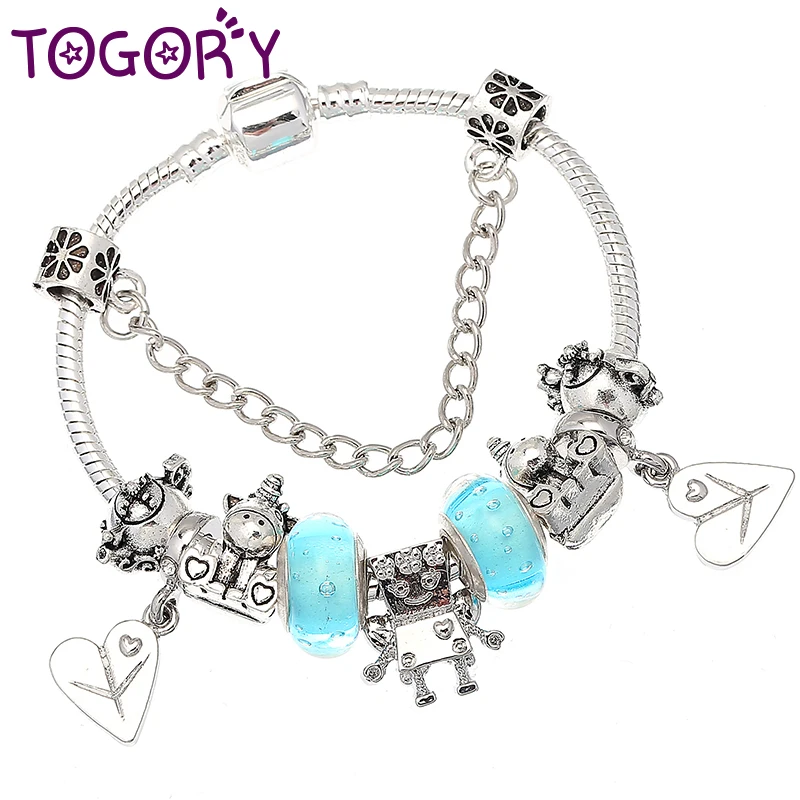 

TOGORY High Quality European Style Charm Bracelets With Blue Crystal Beads Unicorn Pandora Bracelet Jewelry For Women Kids Gift