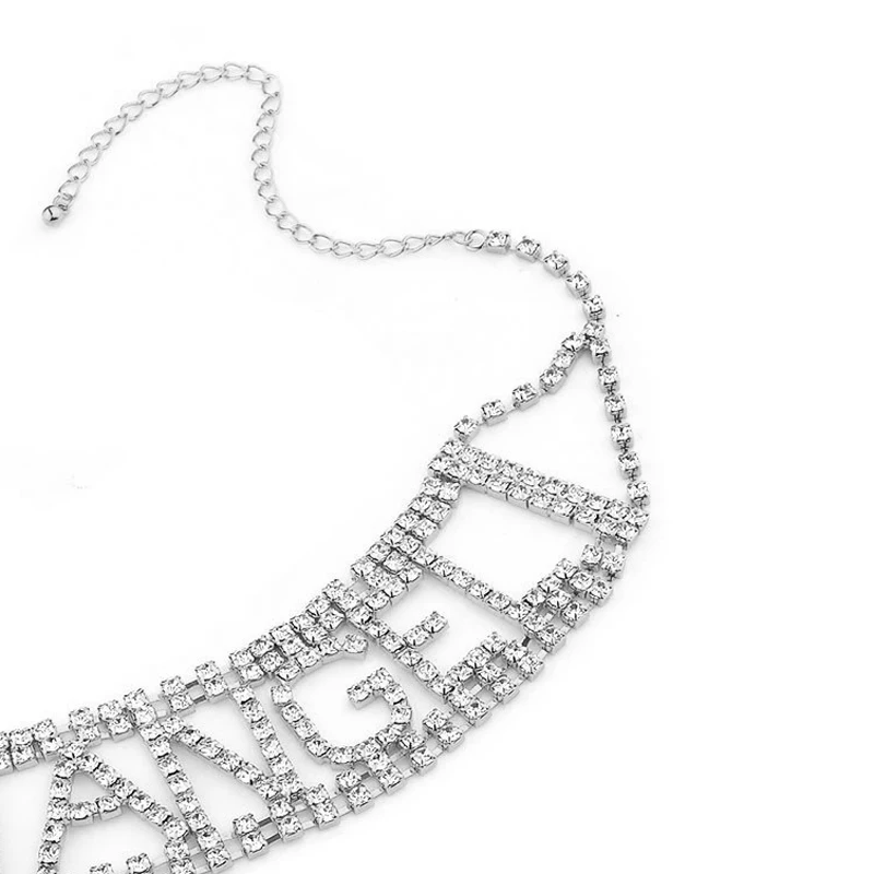 Luxury Rhinestone Crystal Fashion Women Angel Statement Choker Letter Necklace