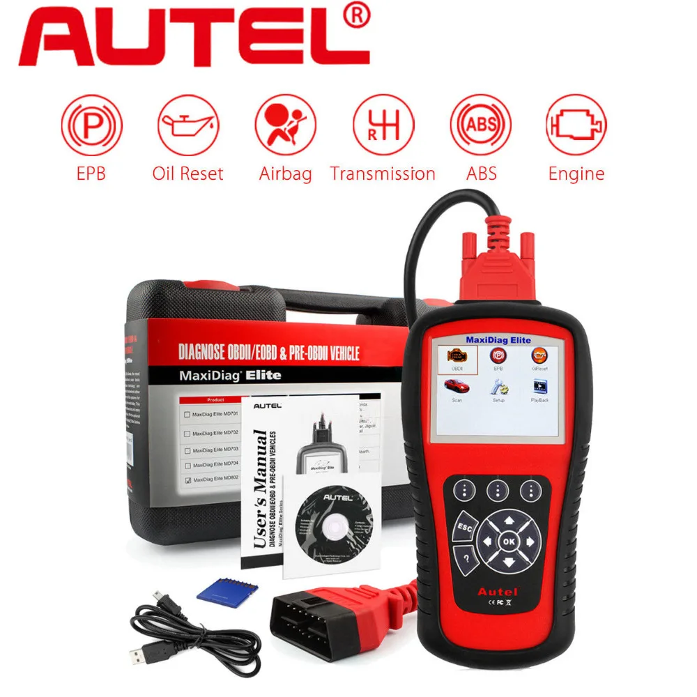 Цена Autel MaxiDiag Elite MD802 OBD2 инструмент диагностики авто читателя Кода ABS Airbag двигателя EPB автомобильный OBD2 код читателя