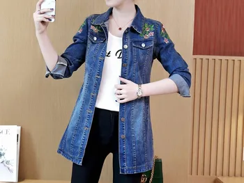 

Vintage Floral Embroidery Denim Jacket Femme Women Jackets Outwear Casacos Feminino 2019 Autumn Casual Basic Long Jeans Coats