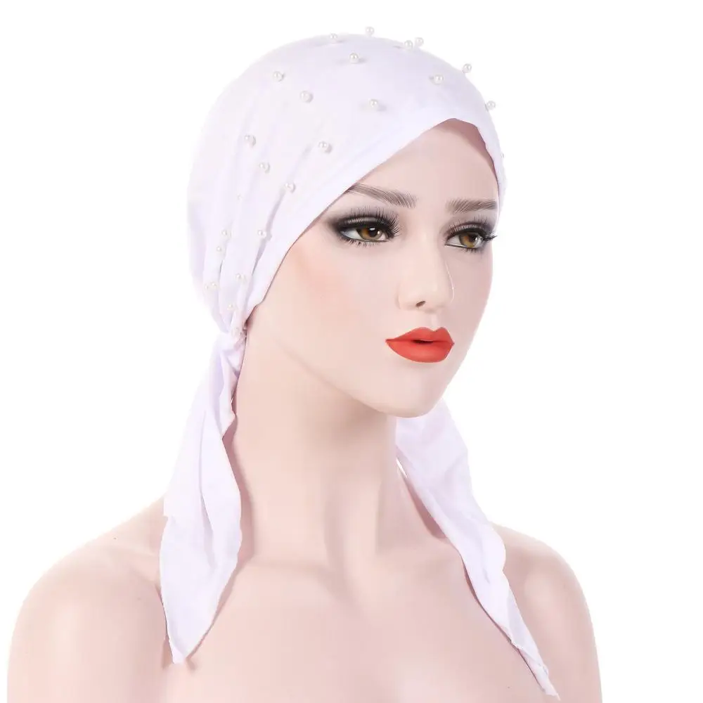 Muslim Beading Hijabs Islamic Turban Headscarf Long Tail Bandanas Hair Loss Hat Stretch Arab Chemo Cancer Cap Wrap Bonnet Beanie - Цвет: White