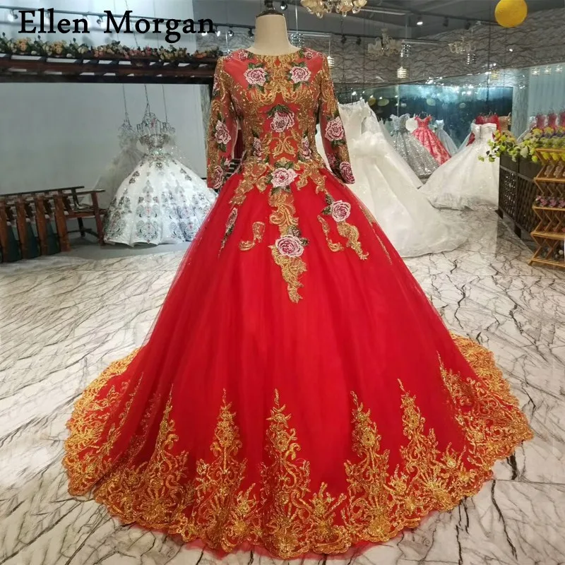 

Red Muslim Long Sleeves Wedding Dresses 2019 Vestido De Noiva Vintage Lace up Embroidery Real Photos Ball Gowns Bridal Gowns