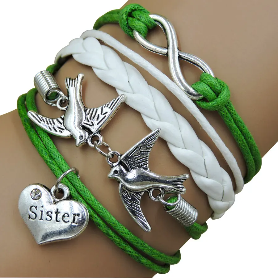 Infinity Sister Heart Peace Birds Multilayer Leather Bracelets & Bangles for women with girls wholesale bracelet B3004