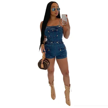

Adogirl Chain Spaghetti Strap Denim Playsuits Sexy Sleeveless Bodycon Shorts Female Jumpusit Vintage Pockets Denim Overalls