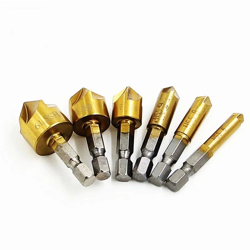 Hex Shank Titanium Plated Five-edge Chamfering Knife Reaming Chamfering Machine 12mm16mm19mm Wood Boring Drill Sleeve