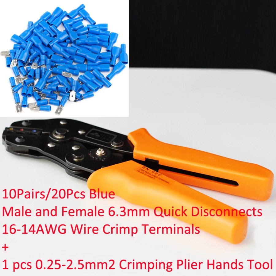 

One SN-02C in 0.25-2.5mm2 Crimping Plier Hands Tool + 10Pairs Blue Male/Female 6.3mm Quick Disconnects 16-14AWG Wire Terminals