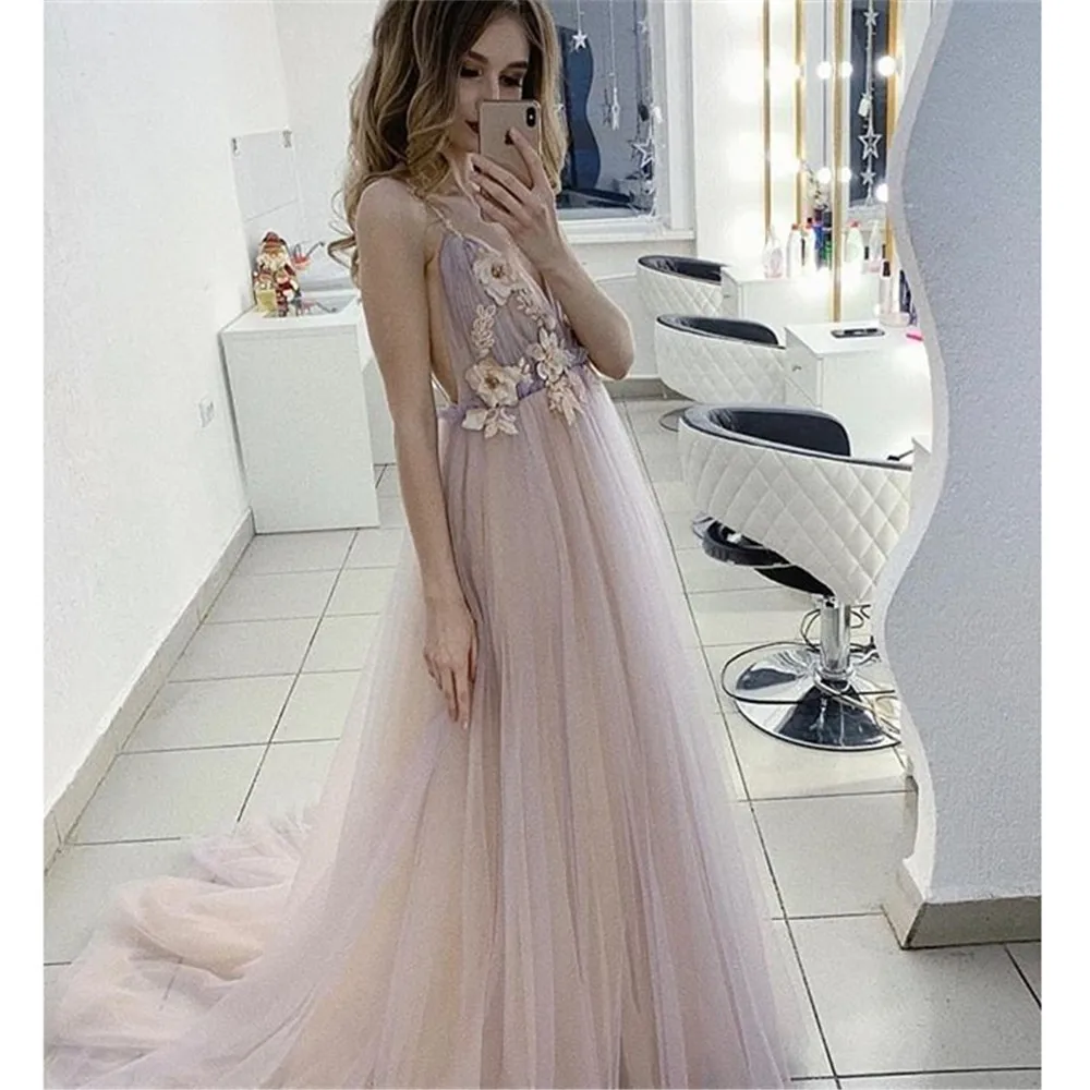 Baijinbai трапециевидные платья для выпускного вечера vestido de noite Элегантные 3D цветы тонкие лямки Тюль Vestidos de Baile вечерние платья
