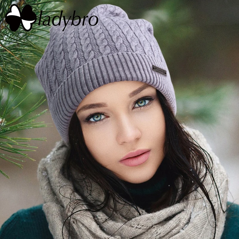 

Ladybro Beanie Hat Women Autumn Winter Hat Cap Warm Skullies Cap Female Ski Gorros Cap Striped Bonnet Femme Knitted Hat feminino