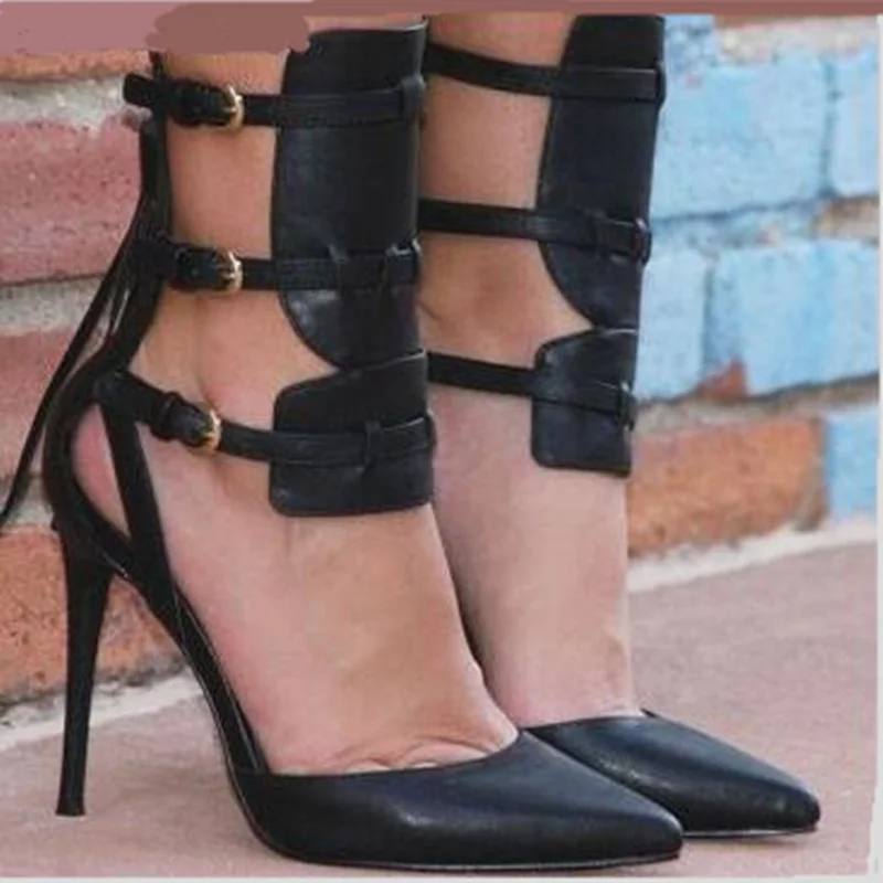 

European style leather ring buckle woman pumps sexy pointed toe thin high heel summer dress shoes fashion black pumps 2018