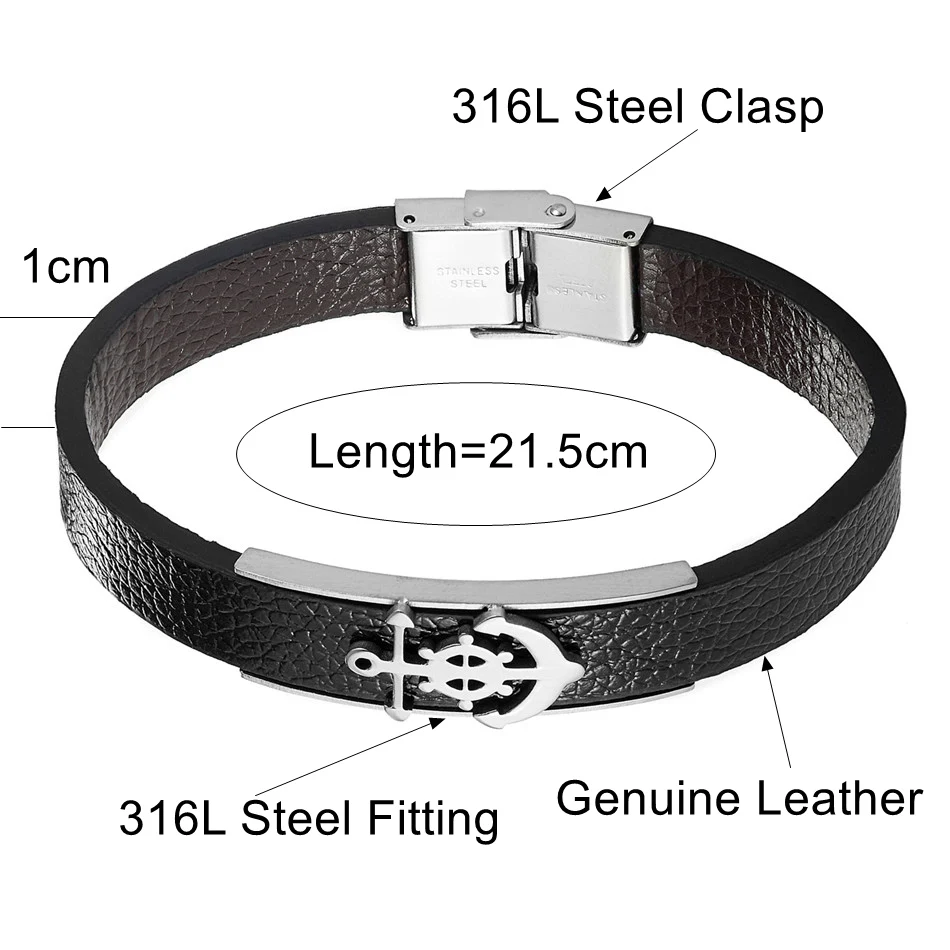 Высокое качество якорь браслеты для мужчин подлинный мужской кожаный браслет из нержавеющей стали спортивные Крючки Размер на заказ