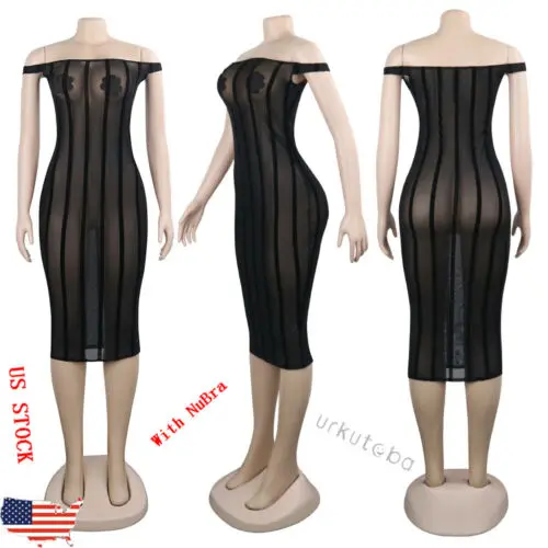 الأسهم الأمريكي مثير النساء مساء حزب Clubwear معطلة الكتف بقماش شفاف Bodycon اللباس