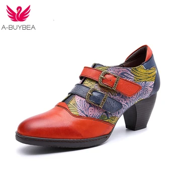 

2019 Retro Bohemian Pumps Women Shoes High Heel 4cm Black Heels Pumps Genuine Leather Splicing Ladies Shoes Woman Zapatos New