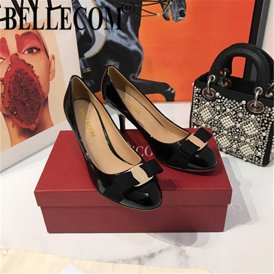 

BELLECOM 2019 spring and autumn new patent leather bow-tie women's shoes with light top shoes with square heels