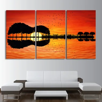 

3 piece canvas wall art HD Printed guitar tree lake sunset Painting room decor print poster picture Free shipping