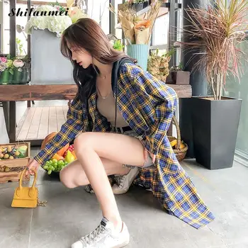 

2018 New Korean Style Women Long Shirts Casual Cotton Fashion Loose Hooded Plaid Blouses Long-Sleeved Wild Shirt Streetwear Top