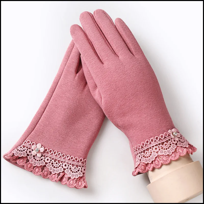 Осенне-зимние женские кружевные перчатки на весь палец модные теплые перчатки с цветочным узором для девочек женские нескользящие