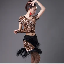 Костюмы для латинских танцев, рубашка с короткими рукавами, леопардовая юбка с кисточками, комплекты для взрослых, гимнастические танцевальные костюмы, топы, черный, красный