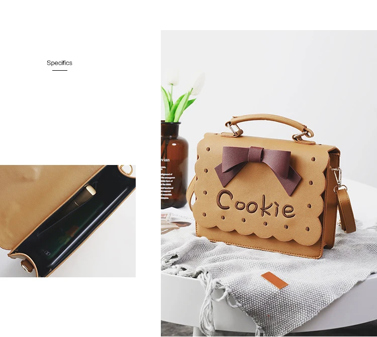 Kawaii Girl Cookie Priting Brown Flap Messenger Bag Bow Lolita Style Pink Handbag Joker Leisure Sweet Scrub PU Shoulder Bag02