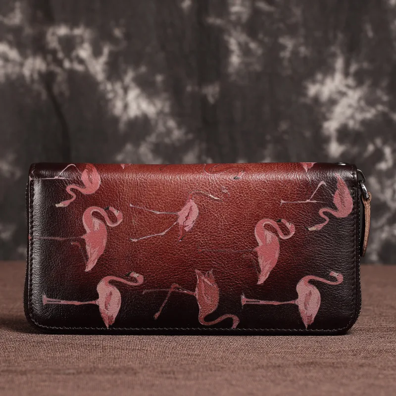 

GENMEO New Genuine Leather Wallet Women 3D Flamingo Cowhide Clutch Bag Vintage Female Coin Purse Card Holders Bolsa Billetera