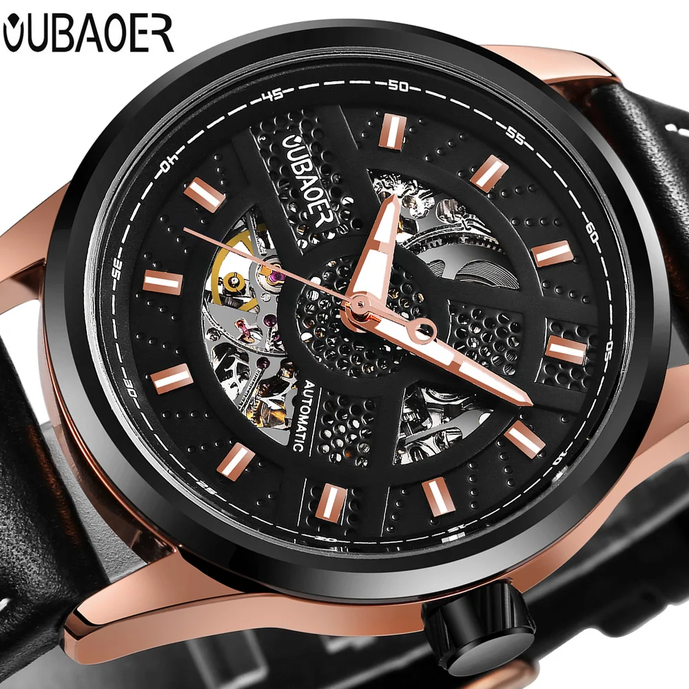 

OUBAOER Лидирующий бренд Роскошные автоматические механические часы мужские кожаные светящиеся деловые спортивные часы Relogio Masculino мужские часы