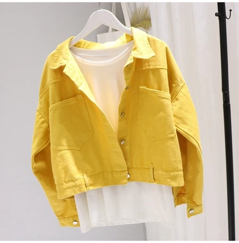Короткая джинсовая куртка, женское корейское пальто, Повседневная желтая джинсовая куртка, уличная одежда, весна-осень, пальто и куртки для женщин KJ2354 - Цвет: Yellow