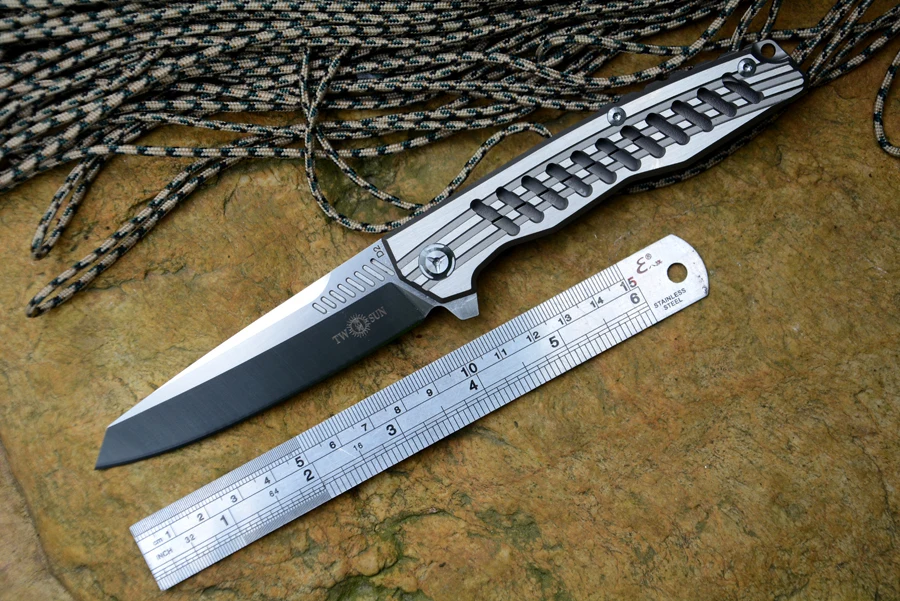 TWOSUN TS-16 Flipper folding knife D2 Satin blade ceramic ball bearing washer TC4 handle outdoor camping hunting pocket kni