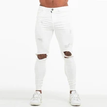GINGTTO, мужские обтягивающие джинсы, белые, рваные, Стрейчевые джинсы для мужчин, эластичный пояс, потертые джинсы, брюки, спортивные, бодибилдинг, zm60
