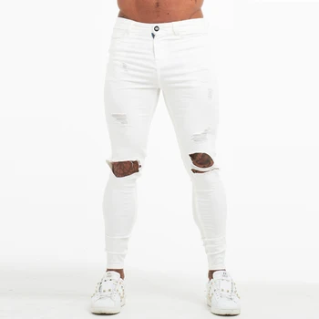 

GINGTTO Men's Skinny Jeans White Ripped Stretch Jeans for Men Elastic Waist Distressed Jeans Pants Athletic Body Building zm60