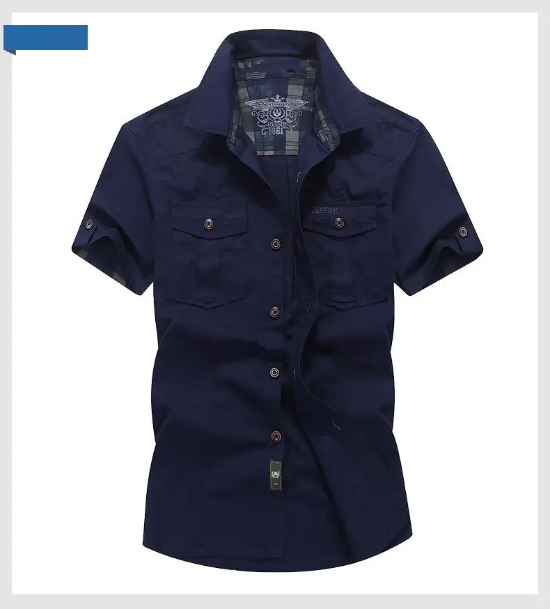  Loose Mens Blouses 2019 AFS JEEP Plaid Collar Casual Denim Shirts Military Cargo Short Sleeve Europ