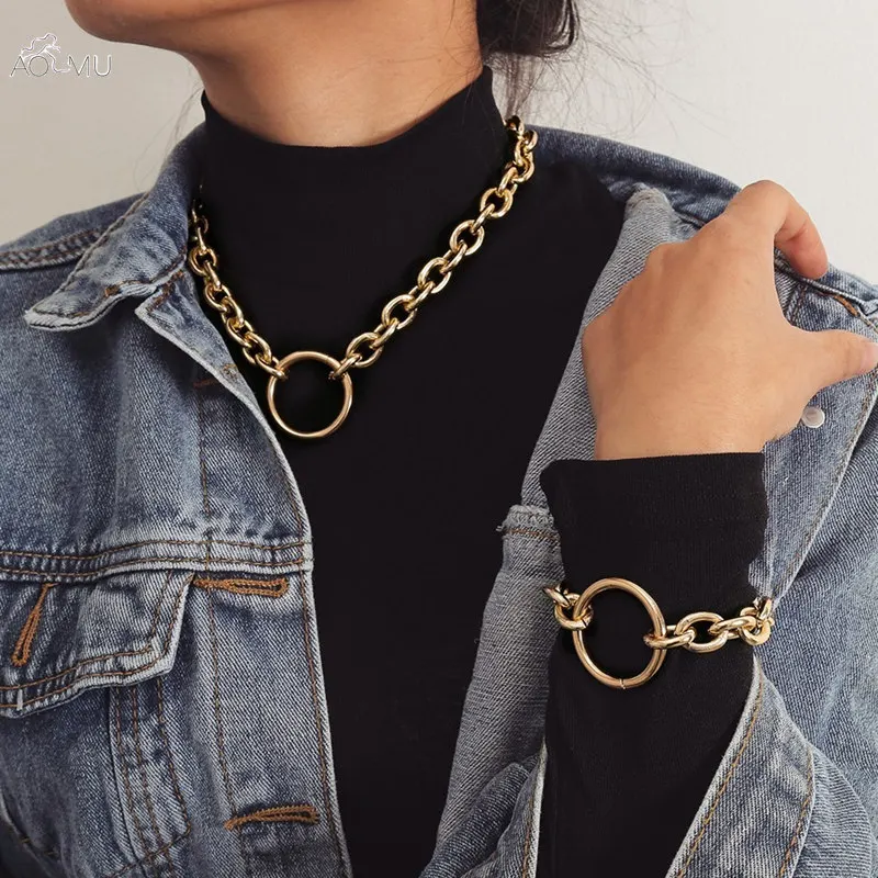 

AOMU Vintage Choker Necklace Collar Statement Punk Big Round Circle Chunky Necklace Bracelet Set for Women Girls Jewelry
