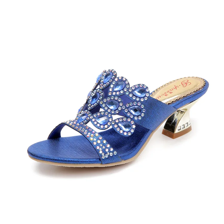 G-sparrow 2018 New Womens Bohemian Rhinestone Thick High Heeled Slippers High Quality Famous Brand Female Shoes Blue11