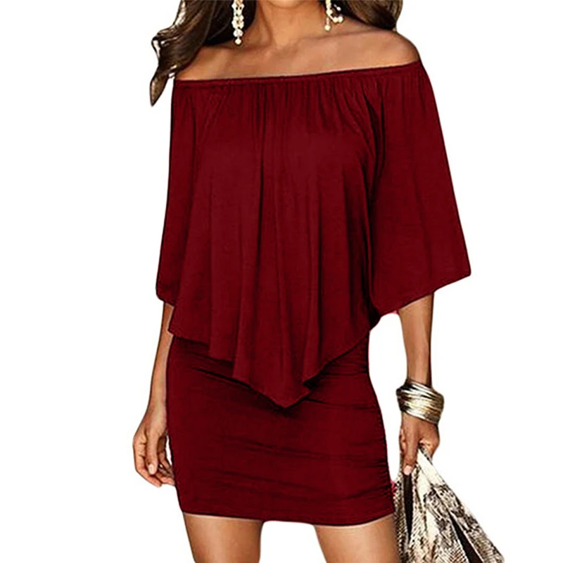 

Burgundy one shoulder Women ruffle mini dress 2019Summer Style Off Shoulder Sexy Dresses Vestidos Black White Beach Casual Dress