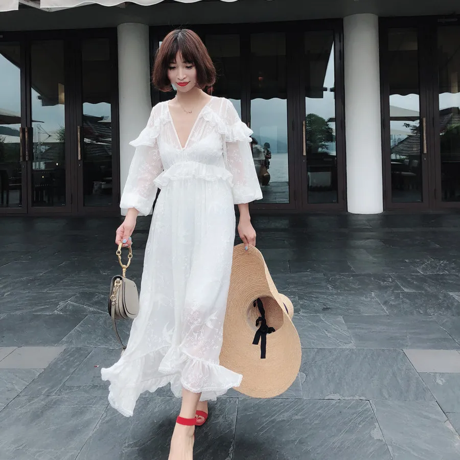 

Women Empire-line Waist Lovelorn Cape Shoulder silk-georgette midi dress lacy ruffles broderie anglaise midi dress