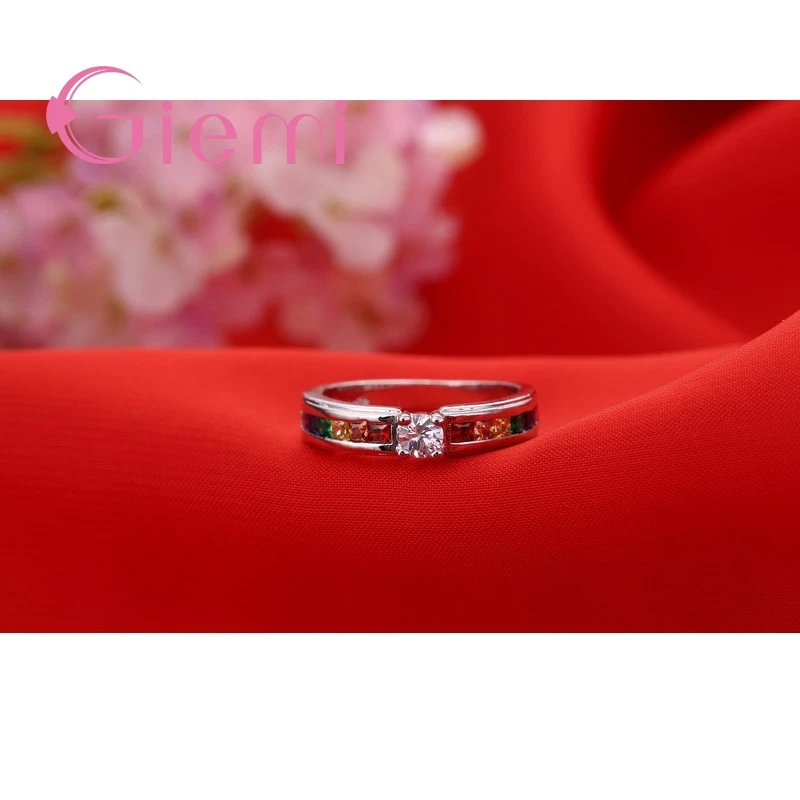 New Arrival Colorful Rainbow Crystal 925 Sterling Silver Band Ring for Women Female Party Wedding Engagement Jewelry