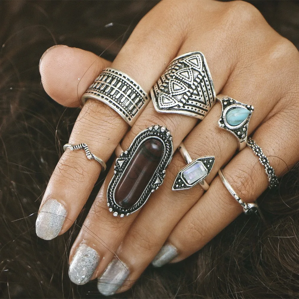 

HOCOLE 8Pcs/Sets Vintage Bohemian Midi Finger Rings Set for Women Ethnic Red Natural Stone Knuckle Rings Anillos Mujer Jewelry