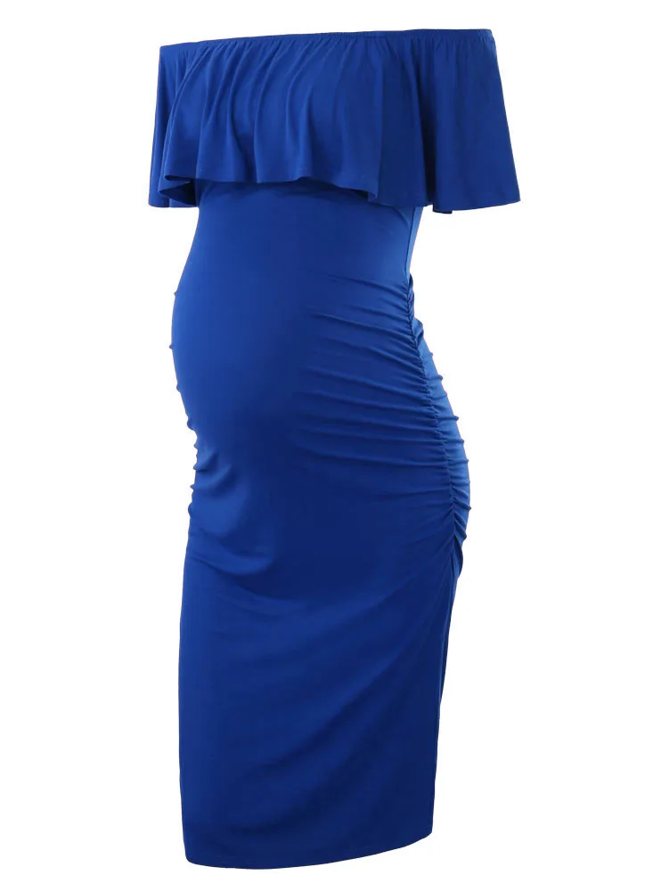 Женское платье с рюшами и открытыми плечами для беременных, женское платье с оборками, Одежда для беременных с рюшами по бокам, облегающее Платье До Колена - Цвет: blue