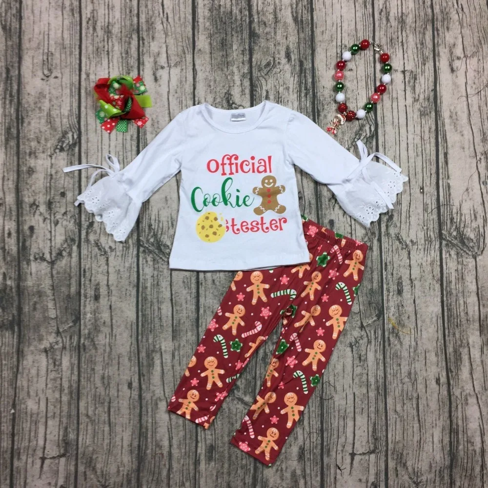 

Christmas girls children clothes baby gingerbread man official cookie tester Fall/Winter ruffle boutique match accessories lace
