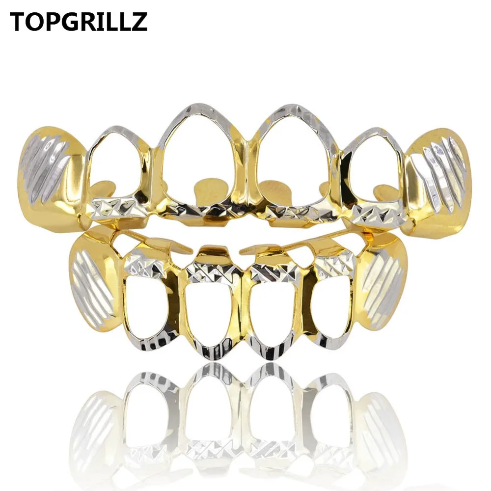 

TOPGRILLZ D-Cut Grillz Set Pure Gold Color Plated Top & Bottom Teeth 4 Open Hip Hop Grills Hollow Tooth Grill sets