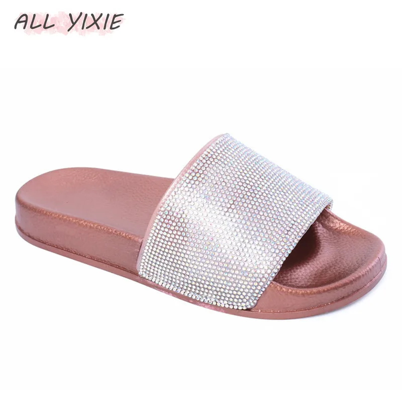

ALL YIXIE 2019 Summer New Fashion Ladies Slippers Diamond Crystal Beach Slippers Home Comfortable Flat Shoes Women's Slippers