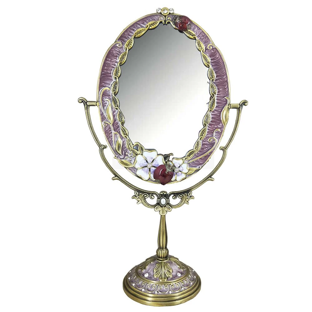 

European Antique Bronze With Purple Hand Enameled And Jeweled With 4x6 Inches Oval Metal Framed Tabletop Swing Cosmetic Mirror