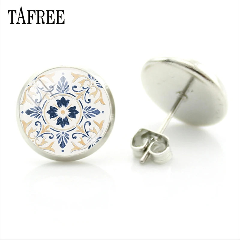 

TAFREE 2018 Azulejo Portugues Stud Earrings Temperamental Earring Portugal Round Glass cabochon Flower Graphic Jewelry AP31