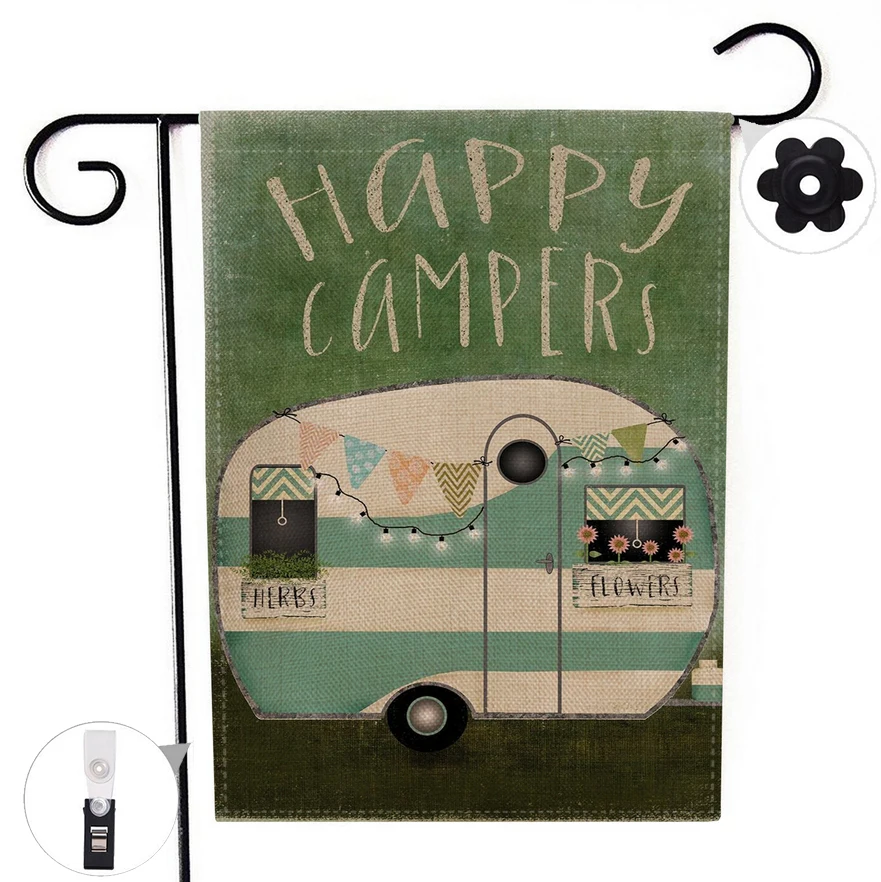 

Double-sided Happy Campers Camp Decor Garden Flag Banner with Windproof Rubber Stopper Clip 12.5''x18.5'' 32x47cm, free shipping