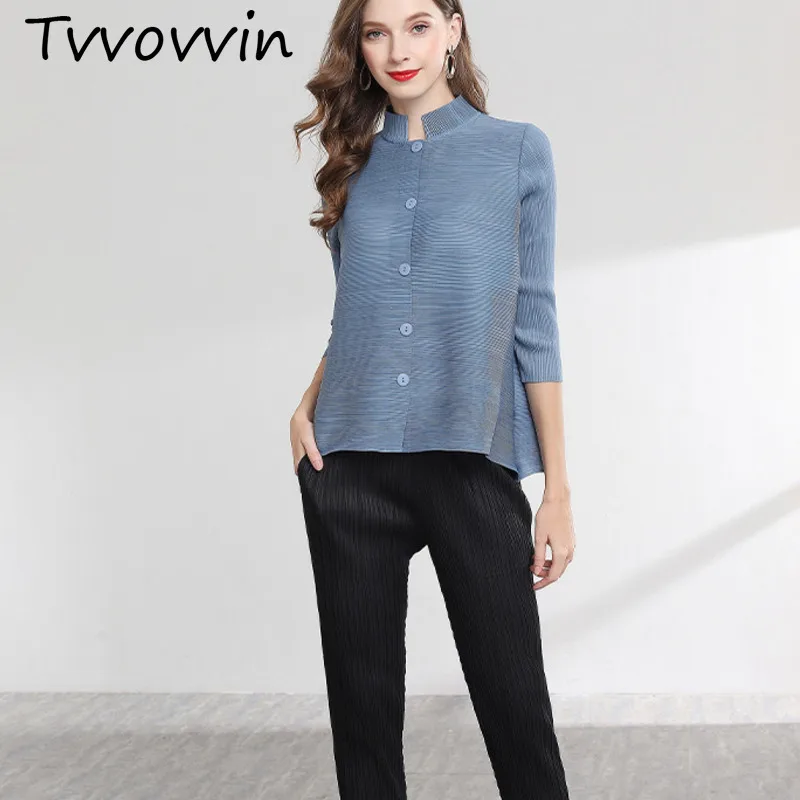 

TVVOVVIN 2019 New Turtleneck Collar Single Breasted Three Quarter Pleated Loose Open Stitch Cardigan Female Short Jacket V552